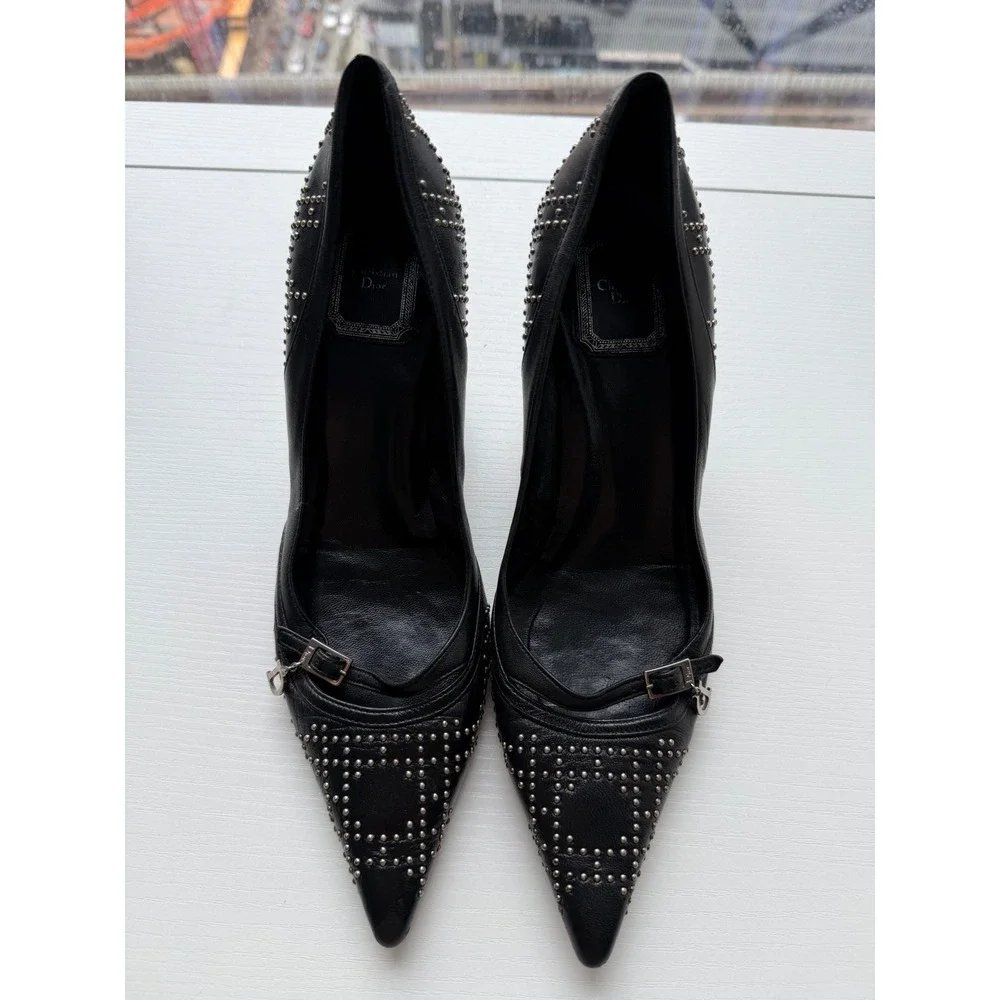 Christian Dior Black Leather Studded Pointed Toe Pumps Charm Heels Size 38